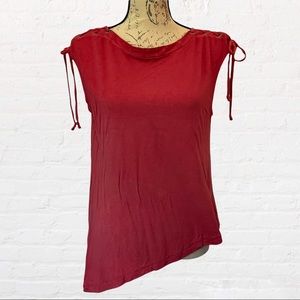 Red Asymmetric Hem Sleeveless Tunic Boat Neck Lace Up Statement Distressed Tee